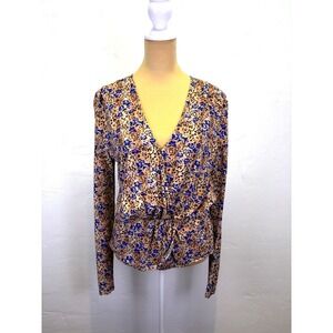 Ramy Brook Alexandria Woman's Animal Print Blouse‎ Size S/M Blue Tan Peplum Hem